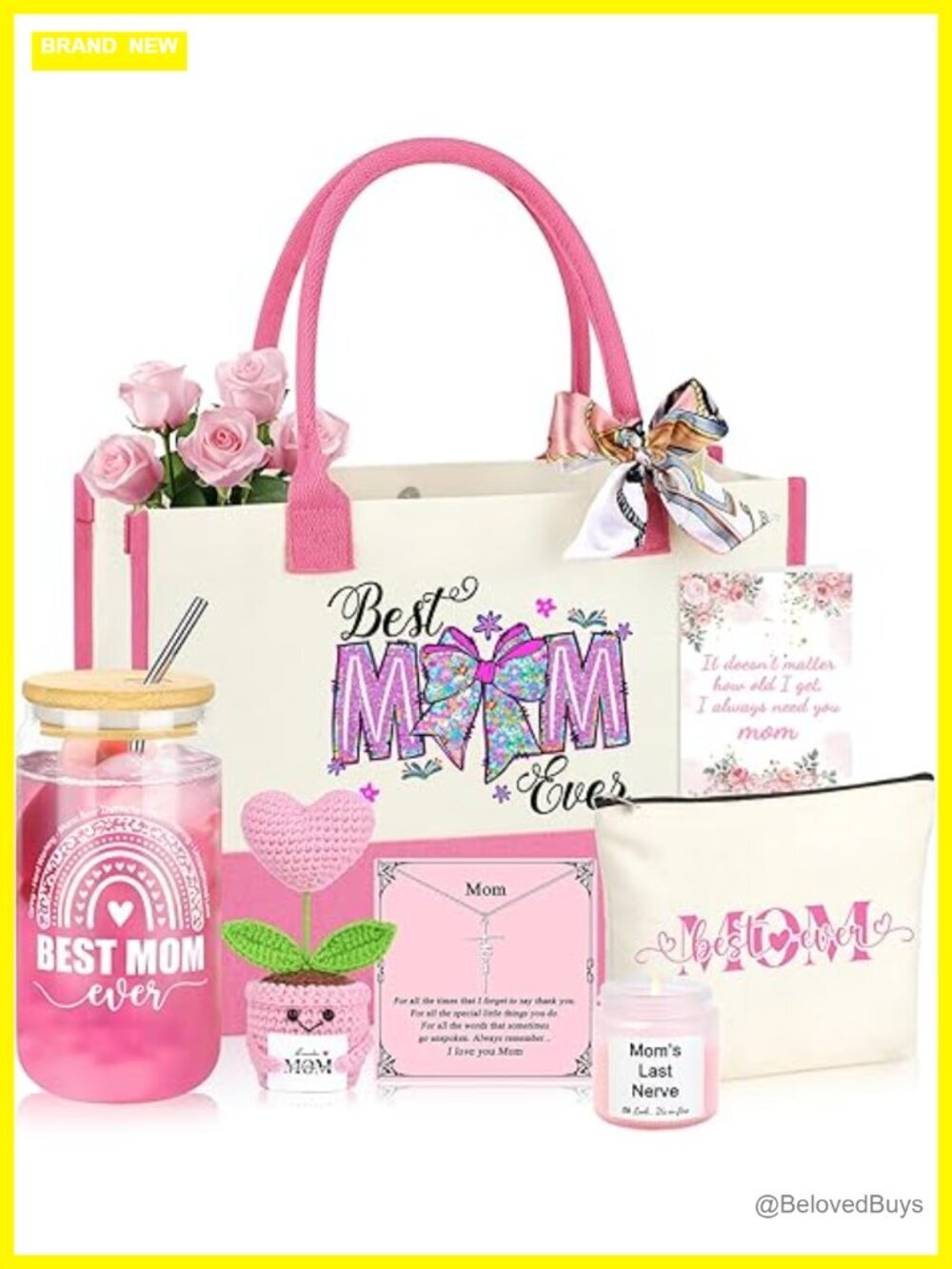 7-Piece Tote Bag Gift Set with Makeup Bag, Cup, Necklace, Candle, Crochet, Card